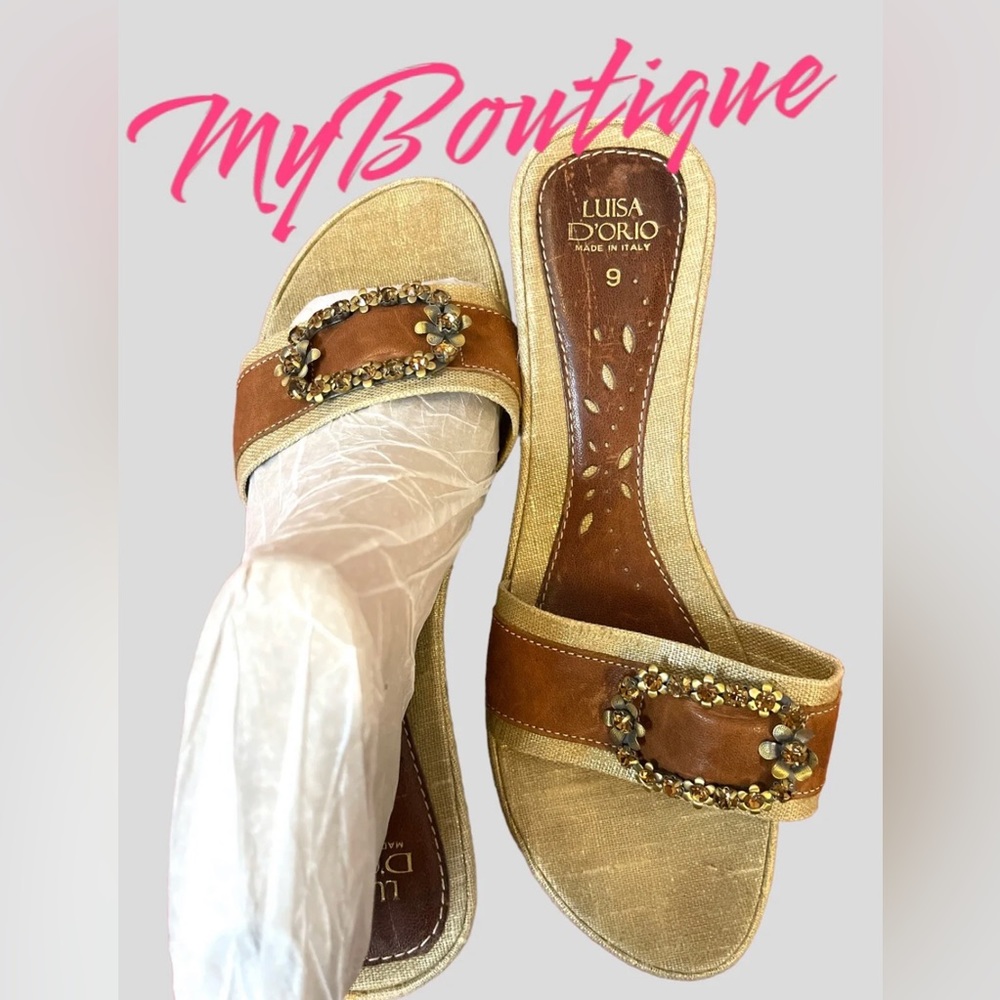 LUISA D’ORIO 🇮🇹 ITALY WEDGE JEWELED SANDAL METALLIC CANVA & BROWN LEATHER sz 9 - Picture 7 of 7